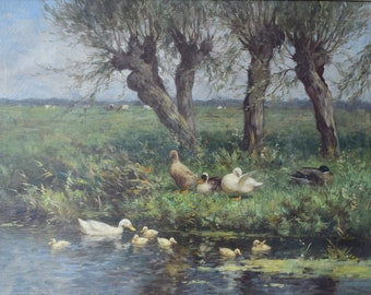 Vintage Constant Artz Signed Oil Painting with Ducks and Cows Dutch School