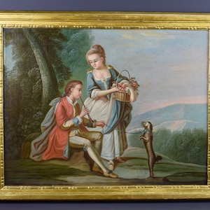 French Antique Tableau Oil Painting on Canvas 18th Dog Trainer