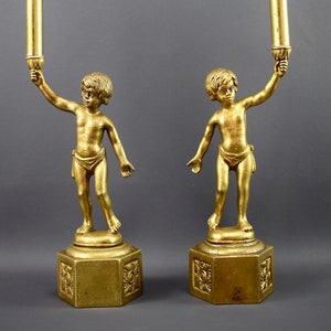 Paar Vergoldete Bronze Putto Fackel Cherub Tischlampe Basis Corbel 1