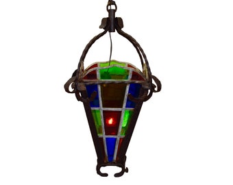 French Antique Wrought Iron Lantern with Stained Glass - Belle Epoque Porch Chandelier - Lighting Outdoor