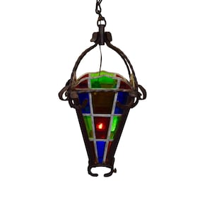 French Antique Wrought Iron Lantern with Stained Glas, Belle Epoque Porch Chandelier, Lighting Outdoor