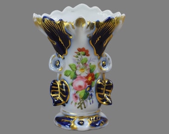 French Antique Valentine Porcelain Vase, Wedding Bride Married Vase, Hand Painted White Cobalt Blue Gold Vase