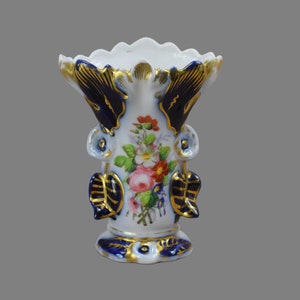 French Antique Valentine Porcelain Vase Wedding Bride Vase, Hand Painted with Cobalt Blue & Gold