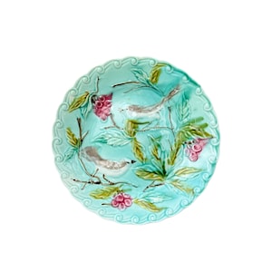 French Antique Wall Onnaing Turquoise Majolica Plate, Birds Berries c 1880, French Country Cottage  Decor, Gift for her