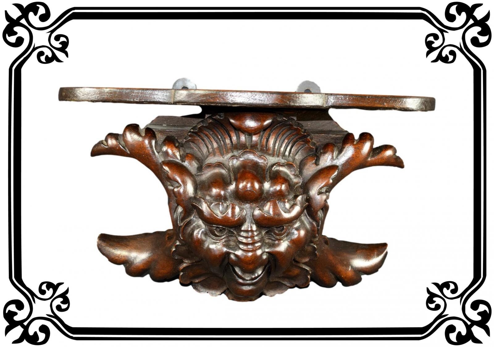 Français Antique Gothique Noyer Main Sculpté Bois Encorbell Étagère Applique Support Mural Mascaron