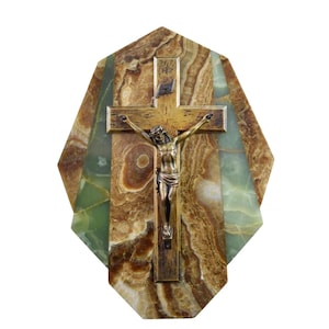 French Art Deco marble crucifix – bronze Christ corpus – 1920s religious wall cross – vintage Catholic decor