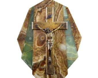1920s French Art Deco Crucifix, Antique Bronze Christ Marble Cross, Religious Catholic Wall Decor, Geometric Inlay Church Art, Prayer Gift