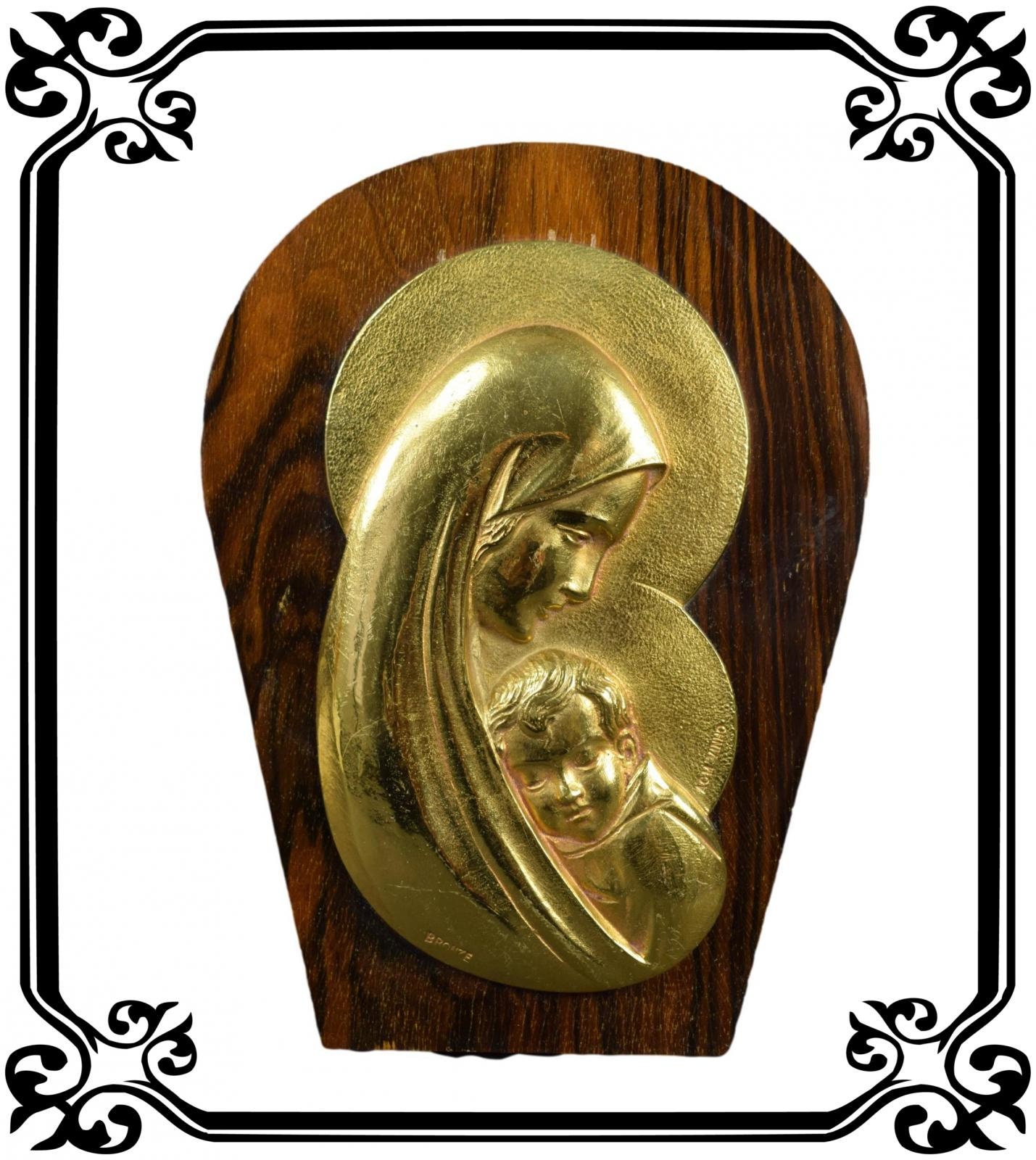 Français Antique Religieux La Vierge et L'enfant Plaque de Bronze Acm Vinno