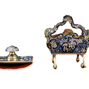 Antigo francês esmaltado cloisonne bronze porta-carta mata-borrão
