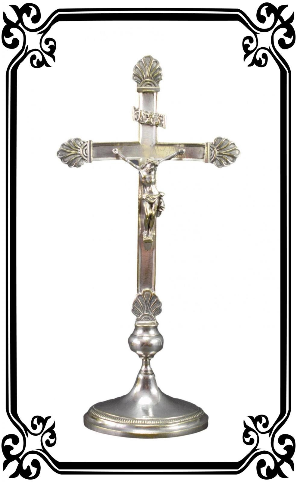 Vintage Français Antique Silver Bronze Crucifix 19Ème