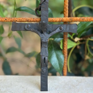 French Vintage Wrought Iron Crucifix, Hand-Forged French Christian Cross, Early 20th c. Religious Wall Cross