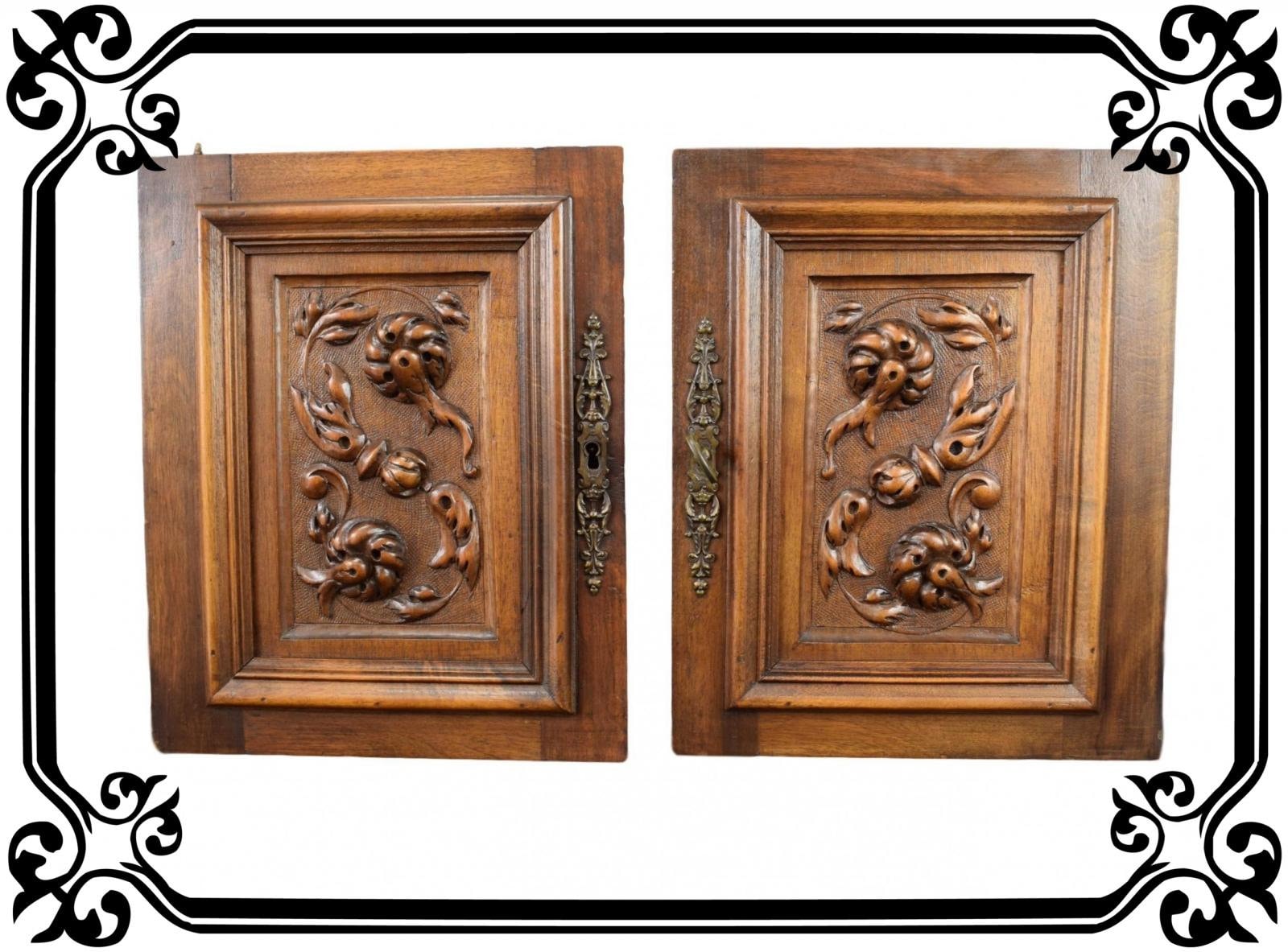Paire de Panneaux Antiques Français Portes d'armoire en Bois Massif Sculptés