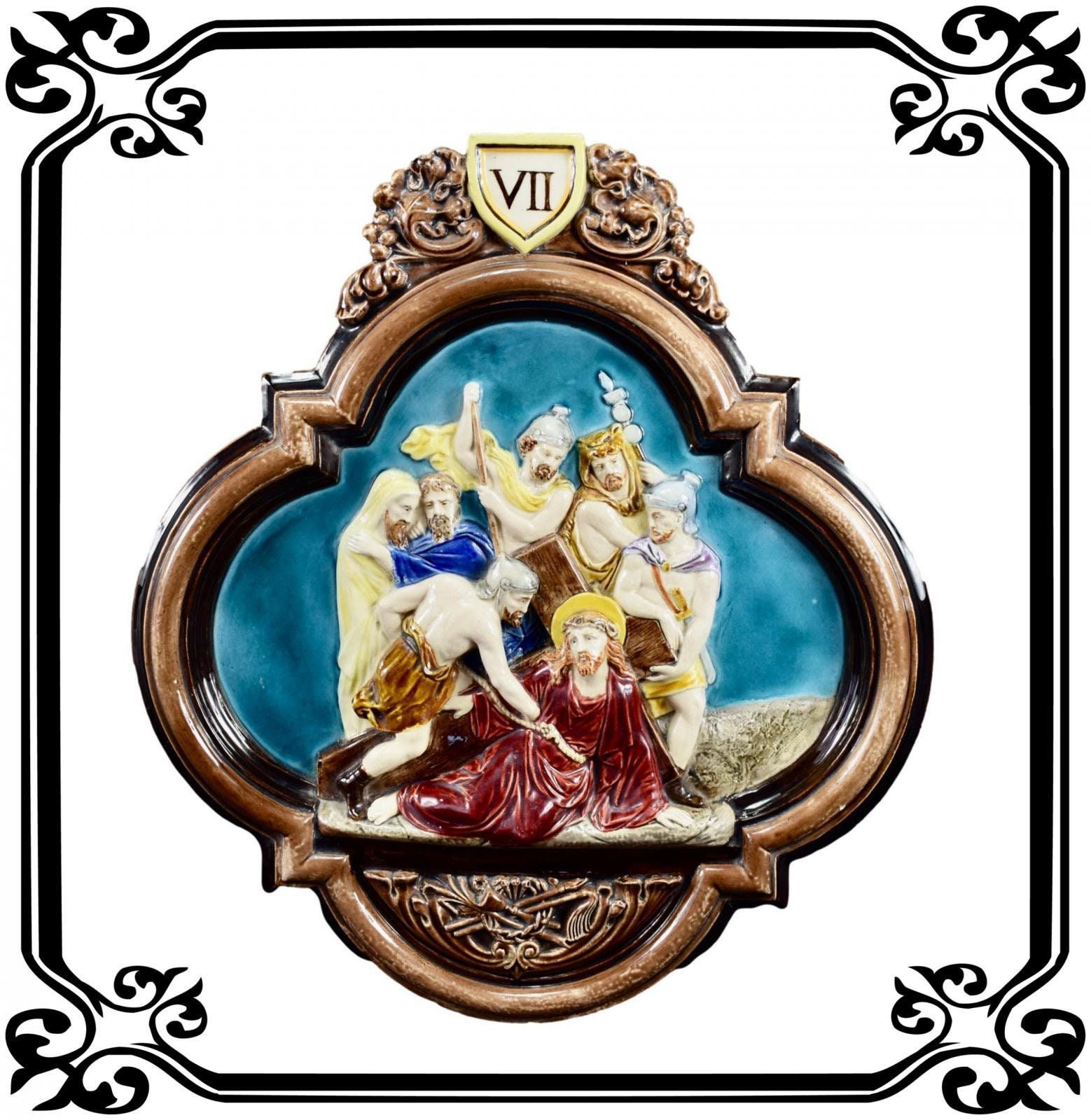 Français Antique Grande Gare Religieuse Du Chemin de Croix en Terre Cuite