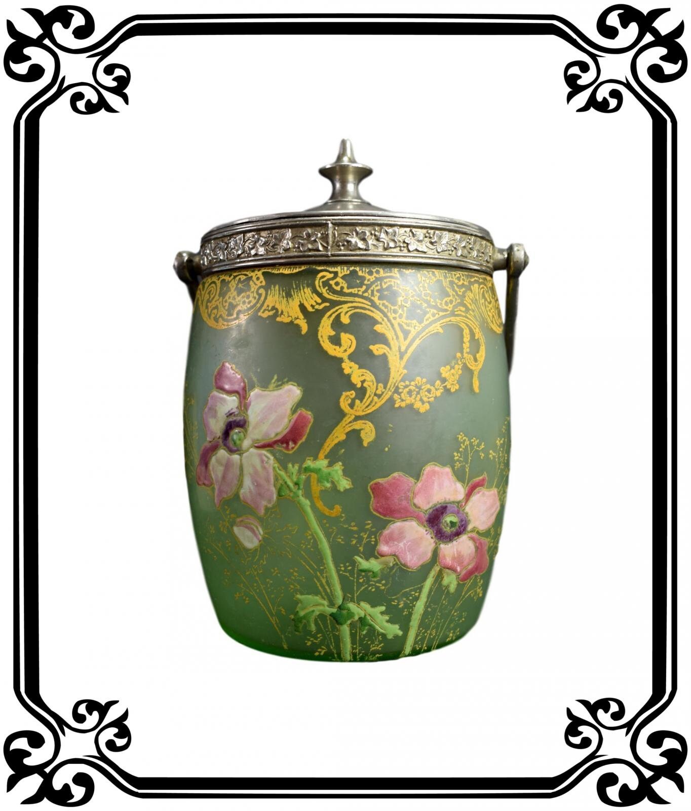 Français Antique Glass Biscuit Pot, Legras Style, Décoration Fleurs Émaillées - de Chalet Français P