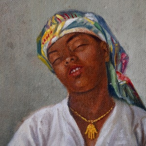 Français Peinture à lhuile orientaliste sur toile Portrait dune femme Main de Fatma image 2