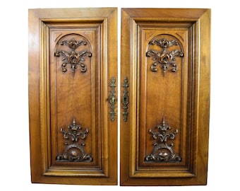 Architectural Pair of Antique French Hand Carved Solid Wood Cupboard Doors Wall Panels