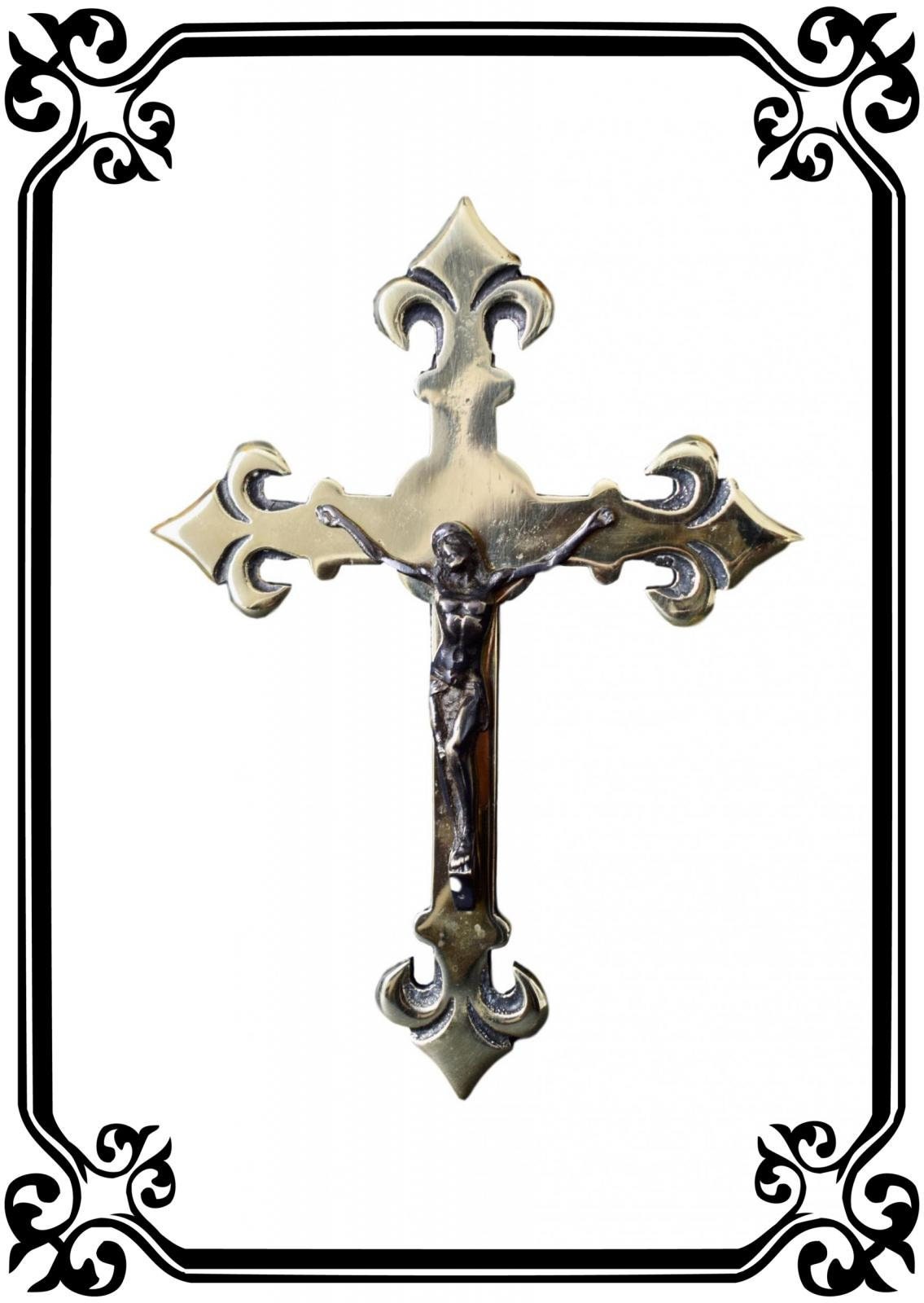 Français Crucifix Antique de Bronze et Croix Mur Fleur Lis Laiton