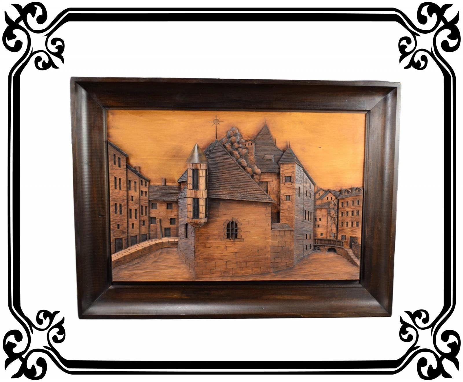 Français Panneau en Bois Sculpté à Main Antique Le Palais de L'ile d'annecy Vue Signé Haufer