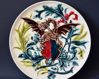 Antique Medieval Crest Coat of Arms Majolica Wall Plate with Griffin
