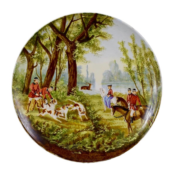 Hunting with Hounds Theme Very Large Wall Plate, 19th.Century Hand Painted Stag Dog Horse Wall Plate, Hunt Cabin Lodge Chateau Decor