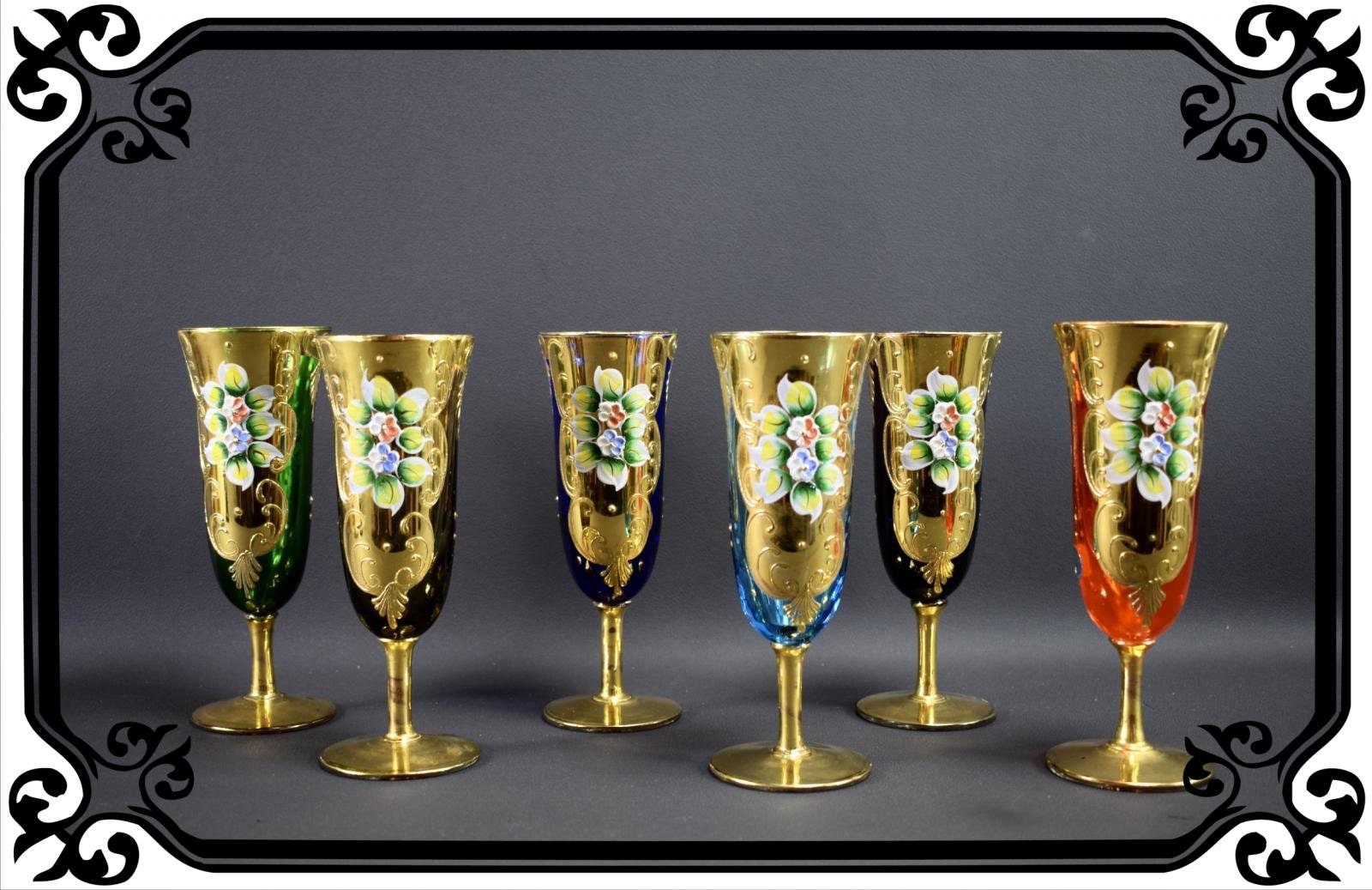 Ensemble de 6 Verres Champagne Vénitiens Murano Gold et Multicolores