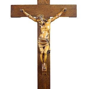 French Vintage 28&quot; Carved Wood Wall Crucifix Cross