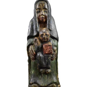 French Antique Religious Wood Carved Statue Virgin Mary with Jesus Child, Polychromatic 16th Century
