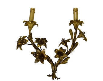 Antike französische Bronzeblumen-Wandleuchte, Zweilichtlampe