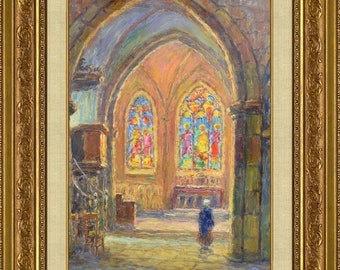 1930's Victor Louis Cuguen French Antique Oil on Panel Painting Religious Chapel Church