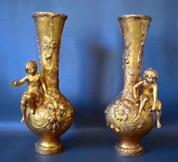 Art Nouveau French Antique Gold Patina Pair Of Vases With A Etsy