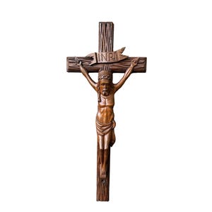 Großes handgeschnitztes Holz Wand Kreuz - Volkskunst - Altar Holz Kruzifix - Holz Jesus Corpus Statue