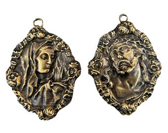Antique French Bronze Medallions Pair – Virgin Mary Jesus Christ c. 1900 Wall Art