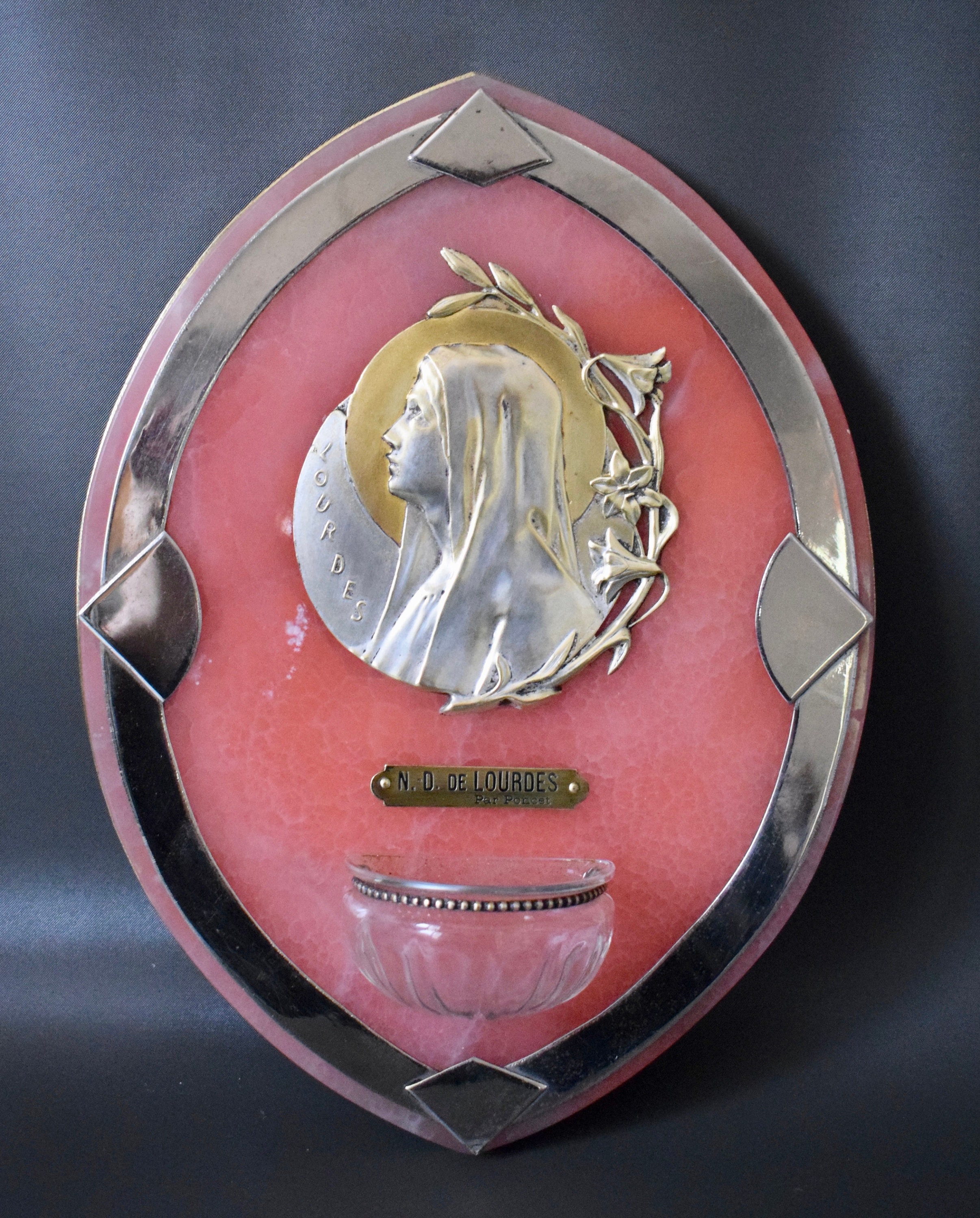 Antique Français Art Nouveau Holy Water Font Benitier Waterfont de Notre-Dame Lourdes Par Poncet ave