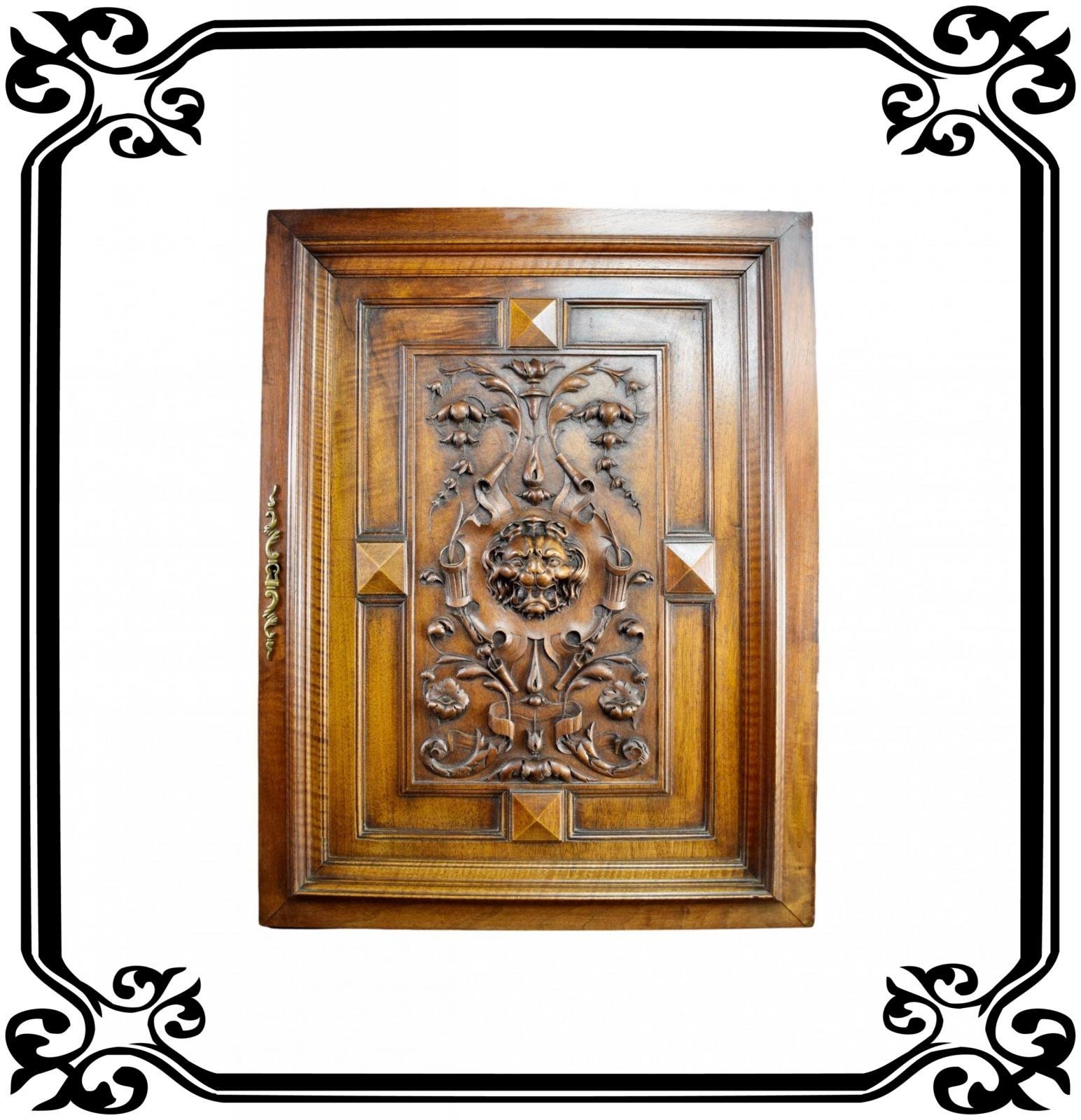Vintage Français Antique Hand Carved Wood Cupboard/Closet Door Lion Tête 19Ème