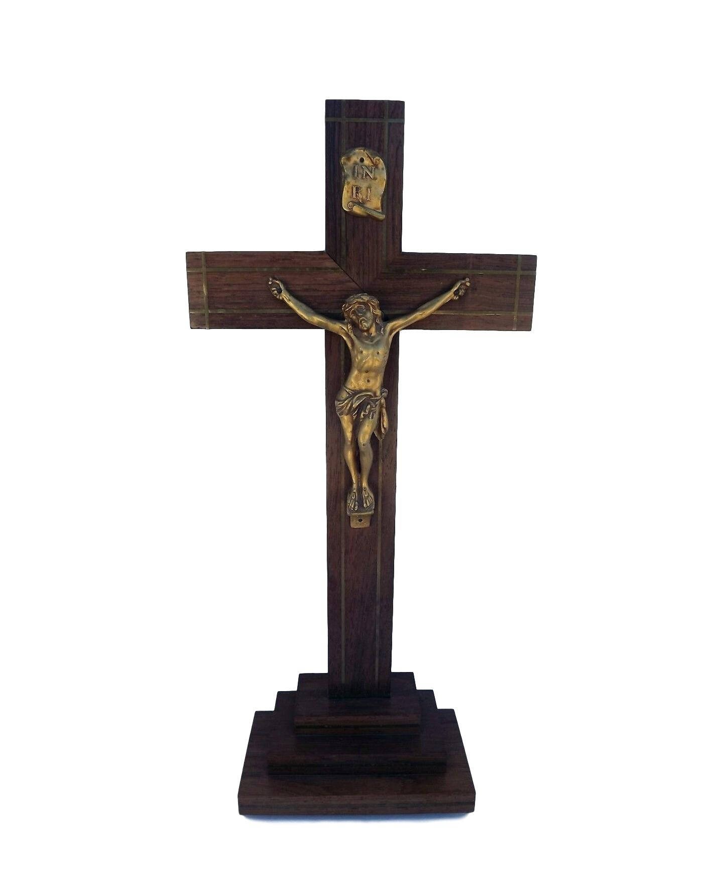 Français Art Déco Palissandre & Bronze Doré Régule Autel Croix - Crucifix Antique Français Antiquité