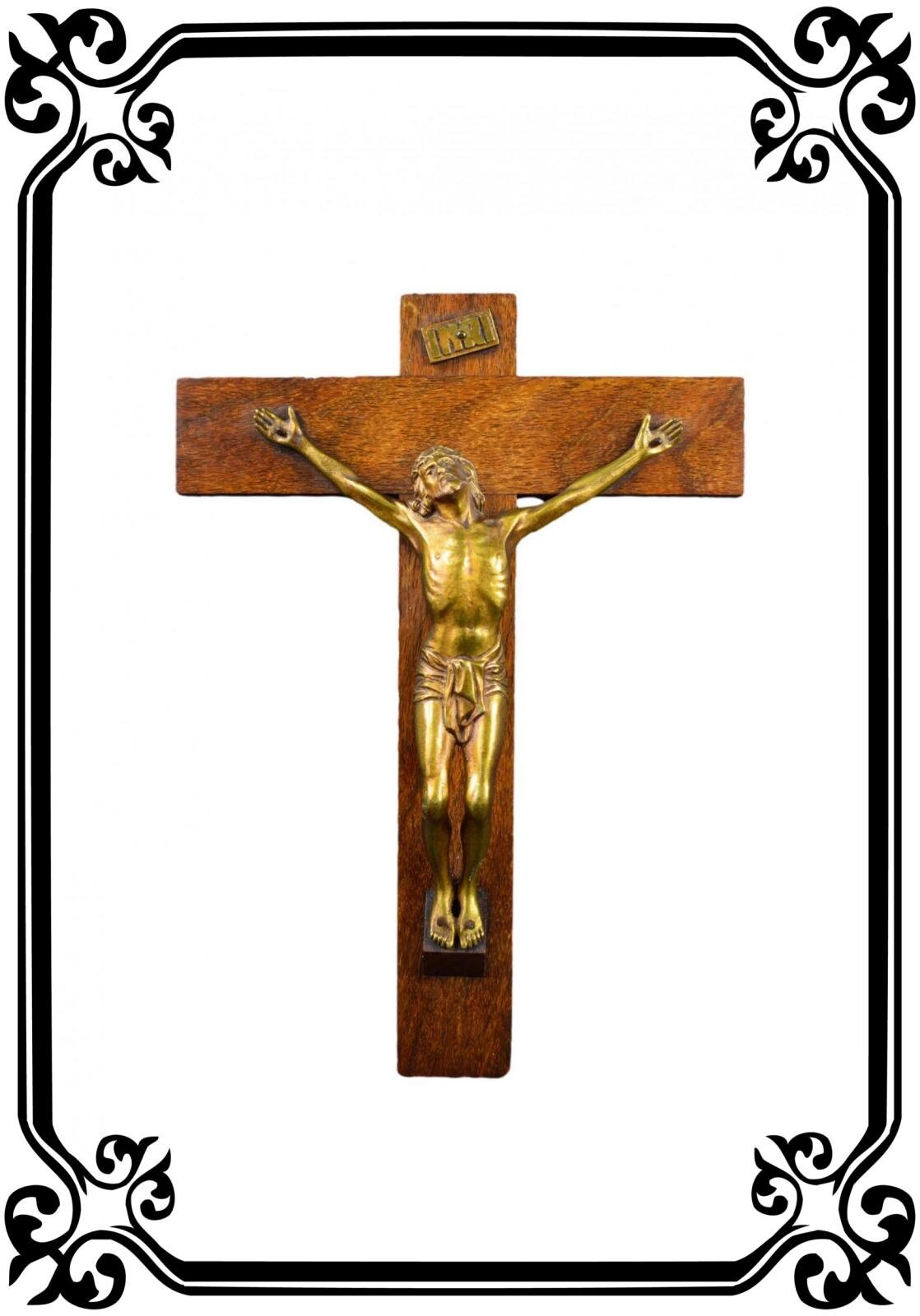 Français Antique Grand Mur Bois Doré Bronze Croix Crucifix Par Dorlia