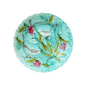 French Antique Wall Onnaing Turquoise Majolica Plate, Birds Berries c 1880, French Country Cottage  Decor, Gift for her