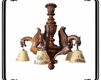 French Antique  Gothic Hand Carved Wood Large Chandelier Griffin Dragon 5 Lights