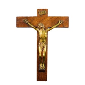 French Antique Large Wall Wood Gilt Bronze Cross Crucifix by Dorlia