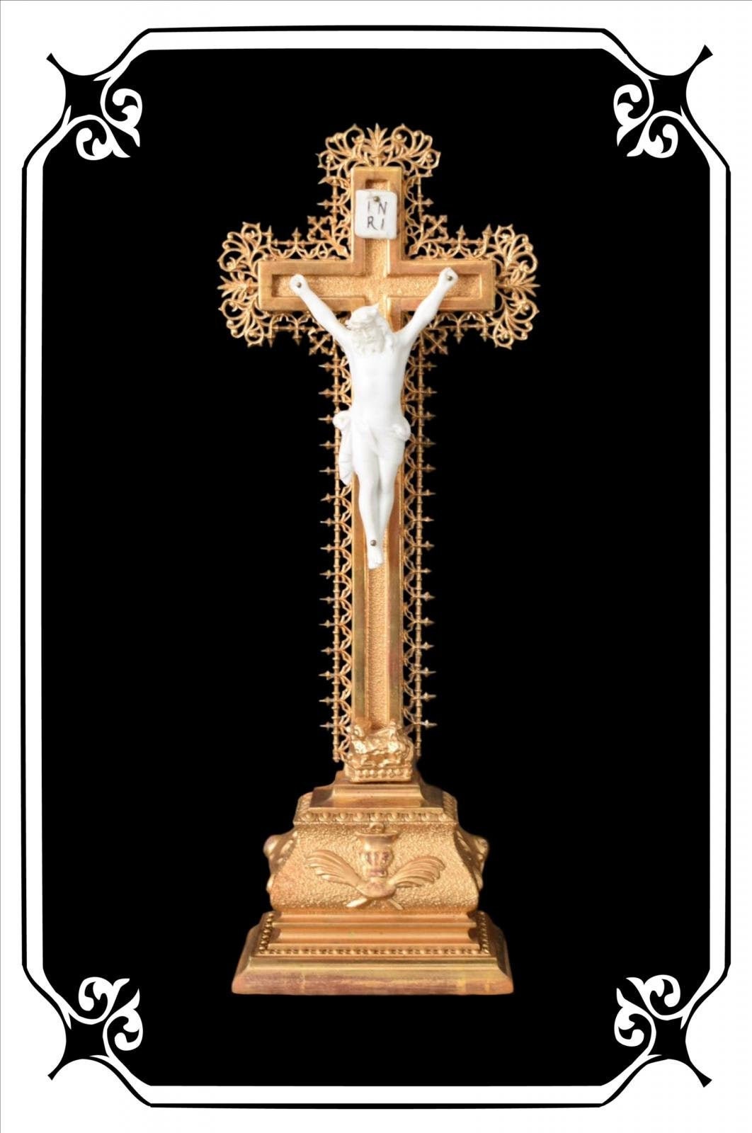 Français Antique Wooden Crucifix et Gilded Stucco, Openwork 19E, Standing Cross