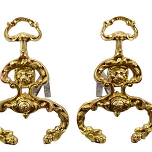 French Antique Gold Tone Patina Bronze Lion Andirons