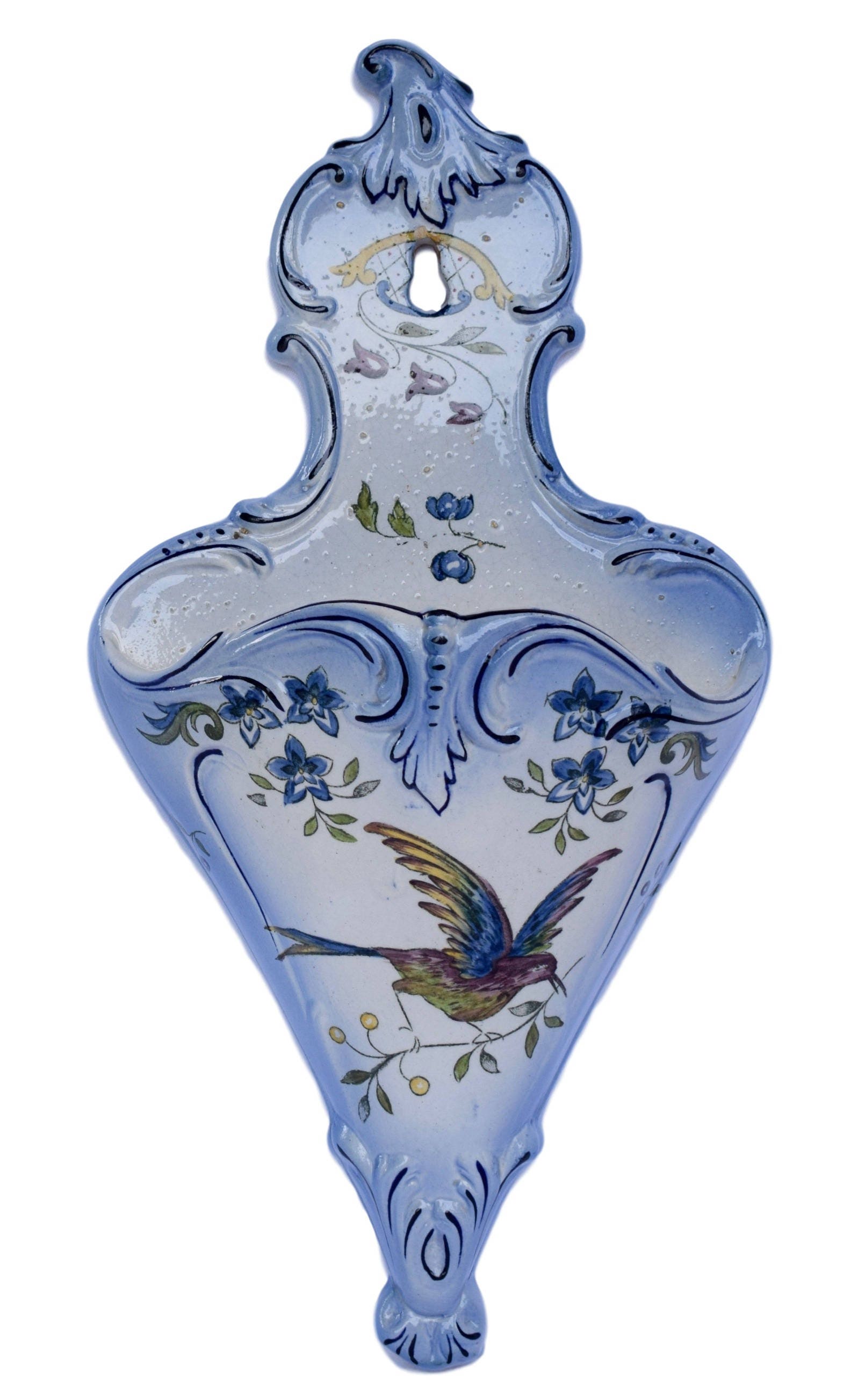 Français Ancien Barbotine Longchamp Mur Poche Vase Soliflore en - Oiseau Bleu Motifs Floraux Fleur F