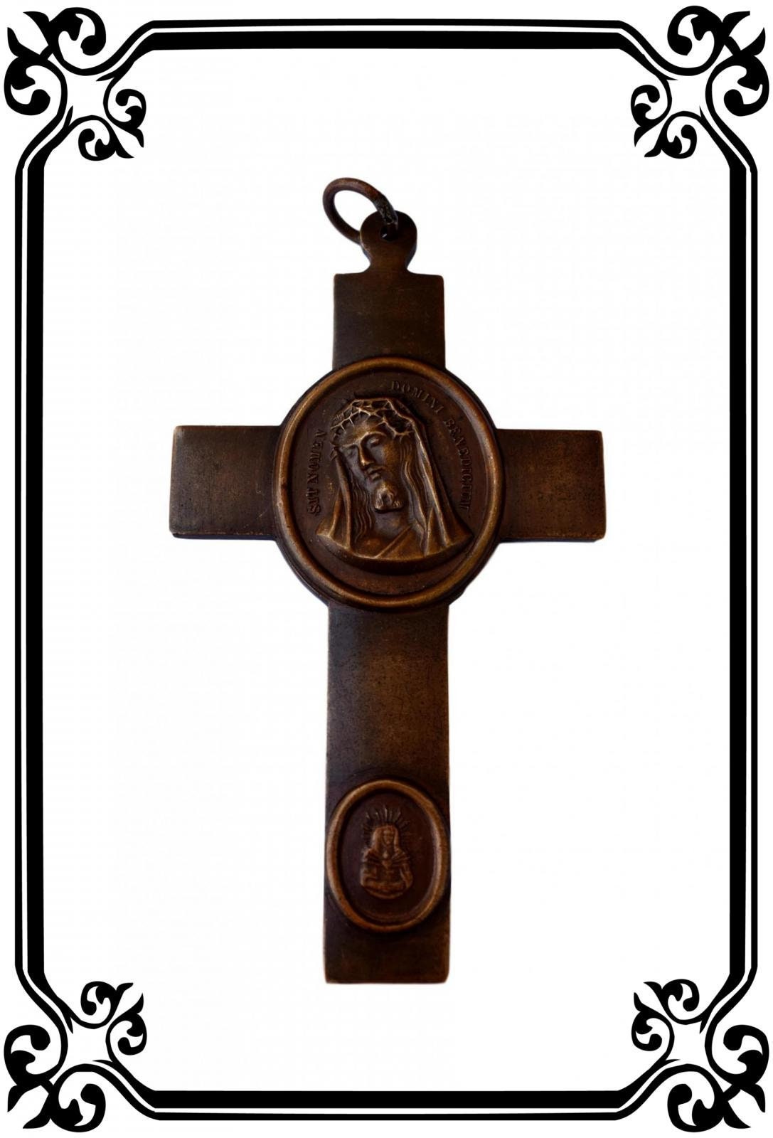 Rare Français Ceinture Antique Bronze Croix Pectorale Jésus, Vierge Marie, Calice, Médaillon Du Sacr