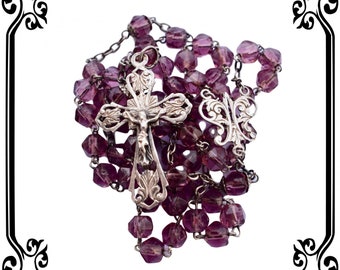 French Art Nouveau Religious Purple Crystal Capped Beads Sterling Silver Catholic Gift