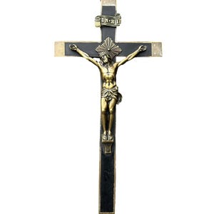 French Antique Crucifix Cross, Large Bronze and Ebony Wood Sculpture, Antique Sacred Art – Christian Religious Decor, Catholic Gift