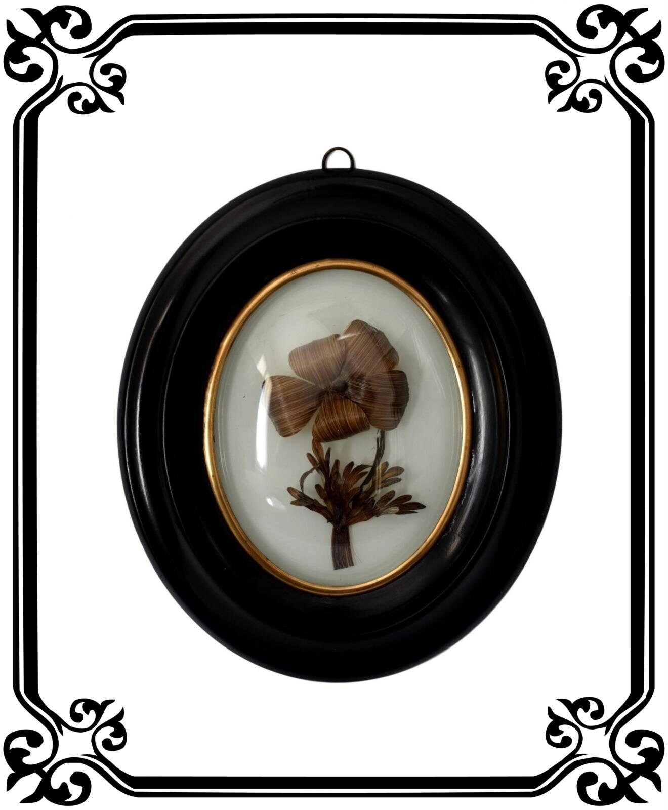 Français Sentimental Mourning Hair Art Memento Reliquaire, Wall Black Oval Work Frame 19Ème