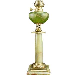 Vintage French Art Nouveau Kerosene Table Lamp Green Glass & Onyx, Electrified