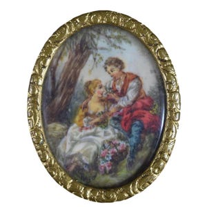 French Antique Brooch – Miniature Painting of Romantic Scene, Vintage Jewelry