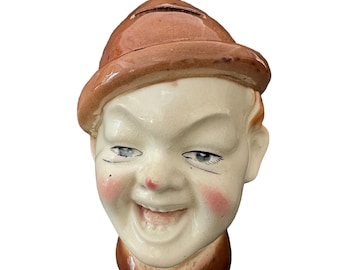 Rare tirelire ancienne « Pierrot rieur » - Keller & Guérin Lunéville - Poterie artistique française, début du XXe siècle