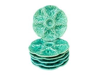 French Antique Set of 6  Majolica Oyster Plates by Gien Blue Turquoise